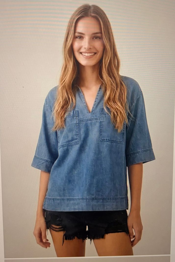 Denim Short Sleeve Pintuck Shirt