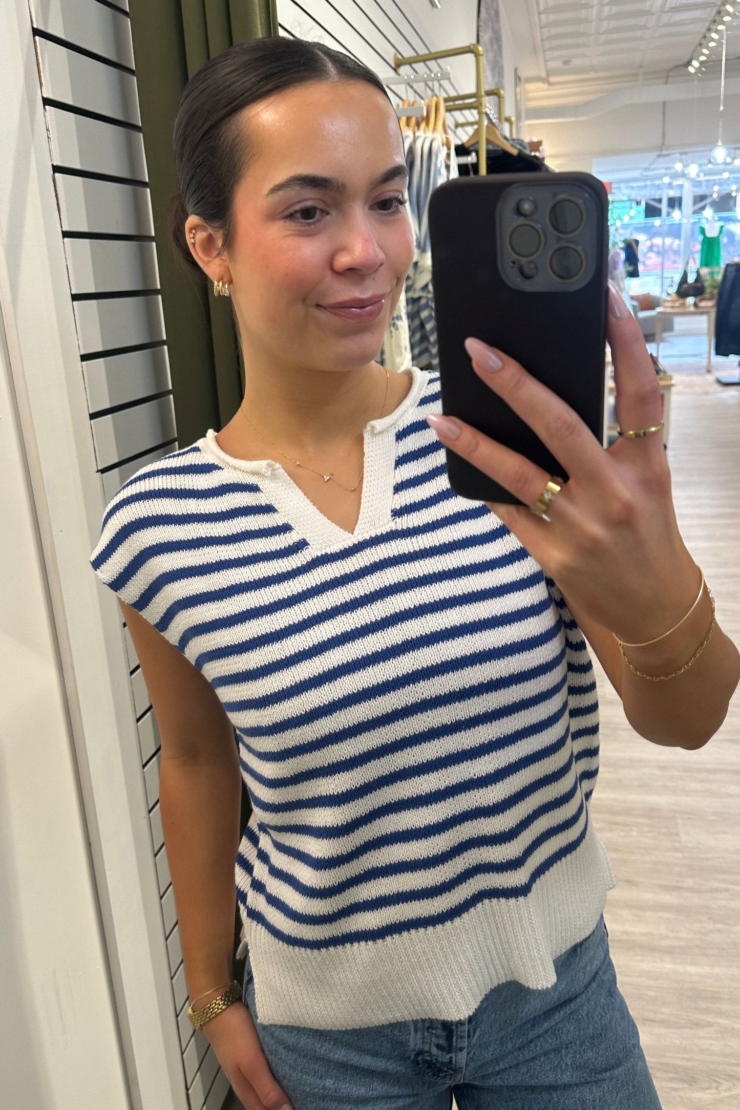Cap Sleeve Blue and White Stripe Sweater