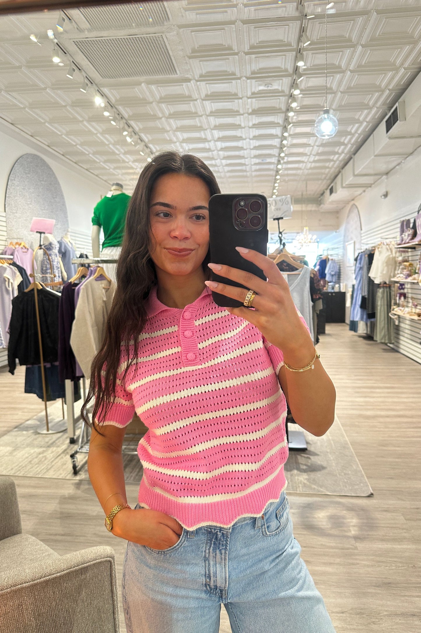 Pink Scallop Edge Eyelet Detail Sweater