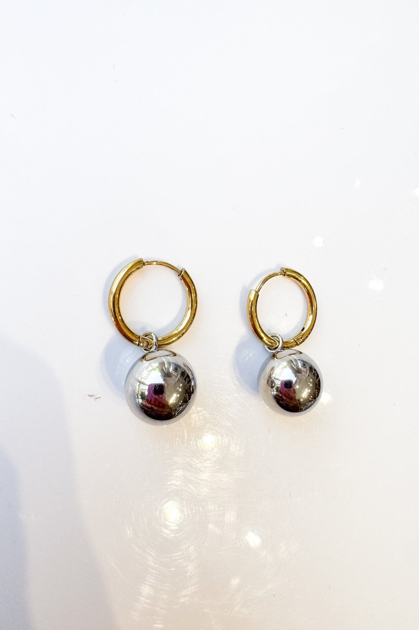 Gold Hoop Silver Ball Earrings