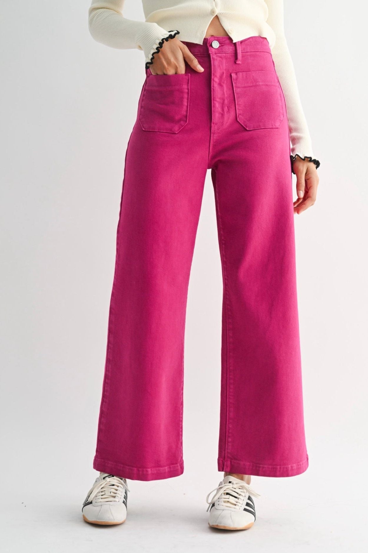 Patch Pocket Wide Leg Pink Jeans