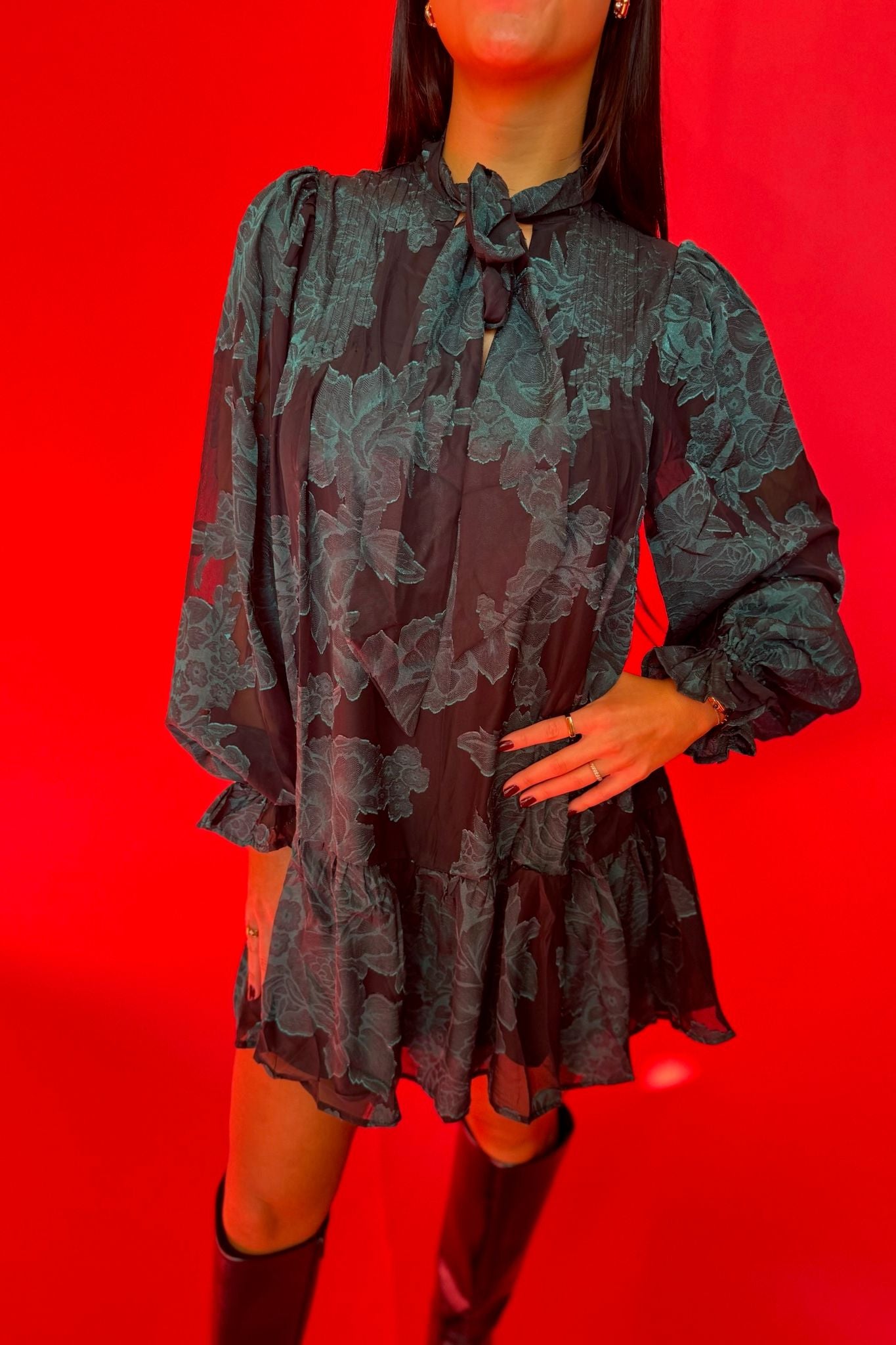 Black And Green Woven Tie Mini Dress