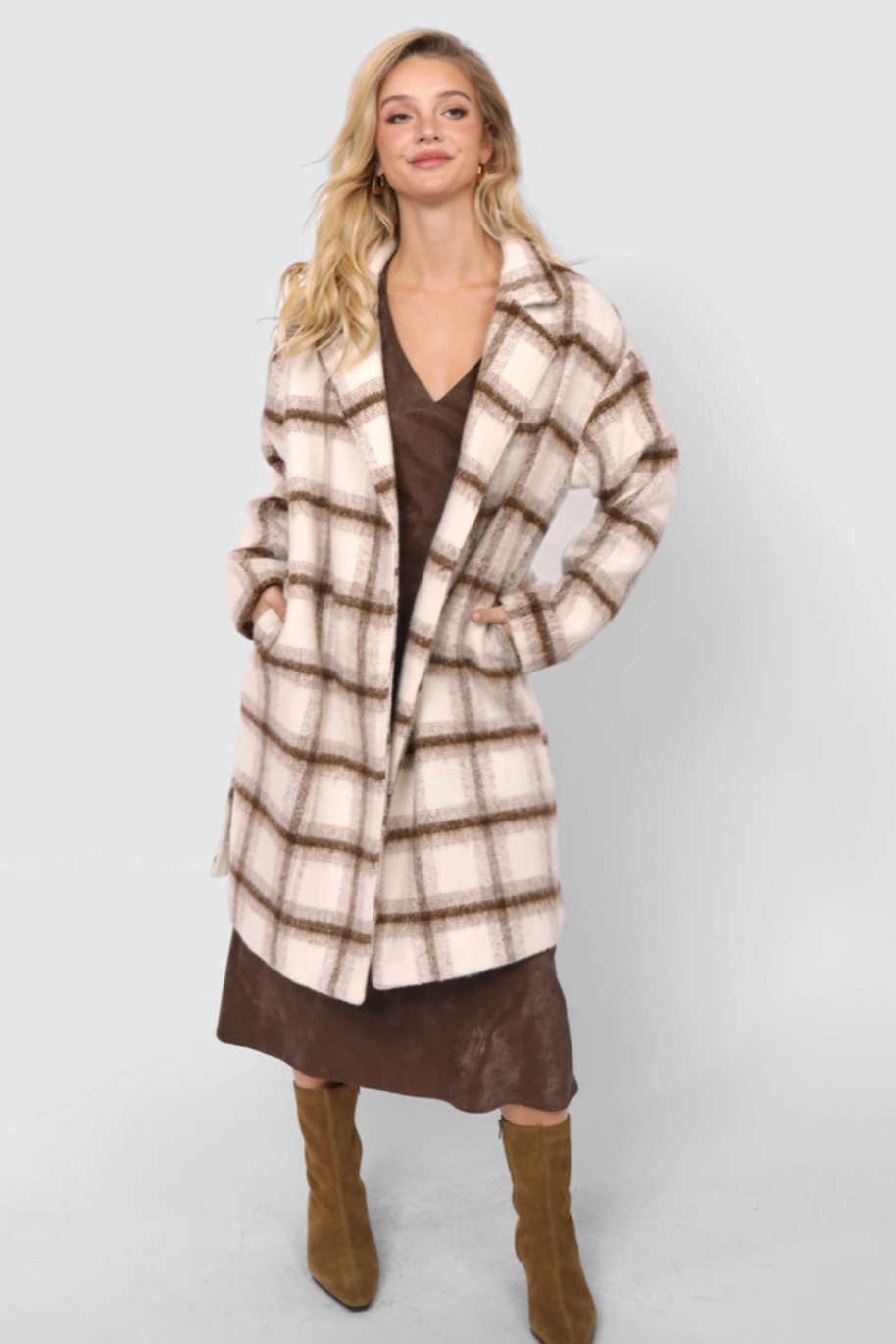 Long Plaid Open Front Coat