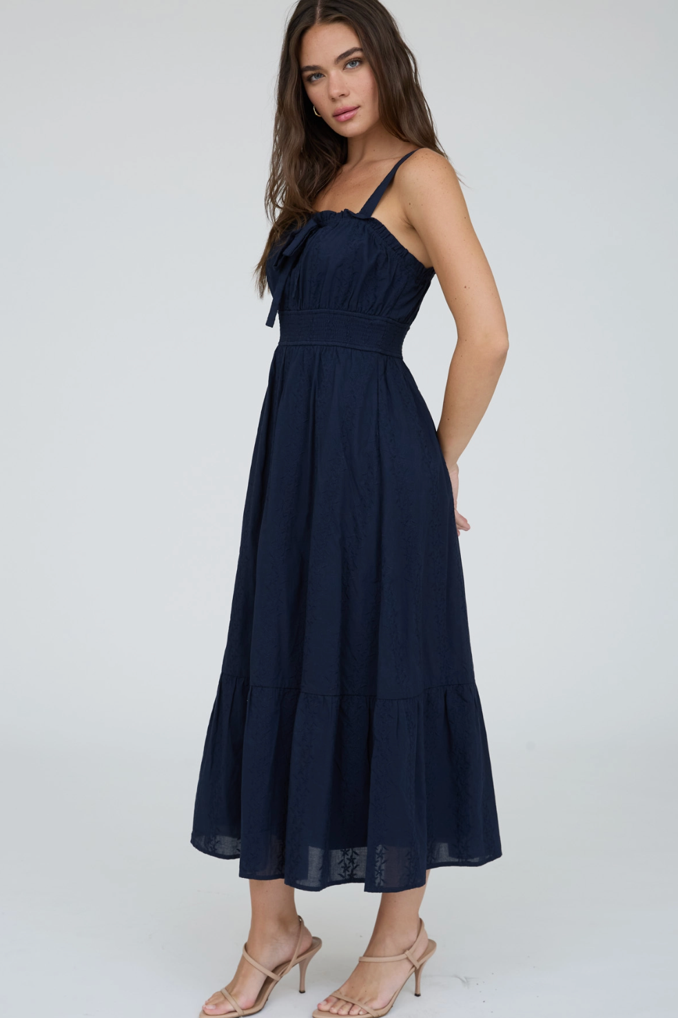 Smocked Waist Front Tie Midi Dress