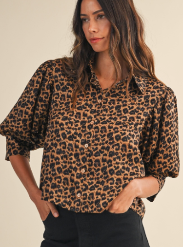 Leopard Print Satin Elbow Sleeve Blouse