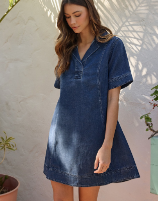 Lyocell Denim Short Sleeve Mini Shirt Dress