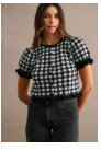 Gingham Plaid Puff Short Sleeve Button Down Knit Top