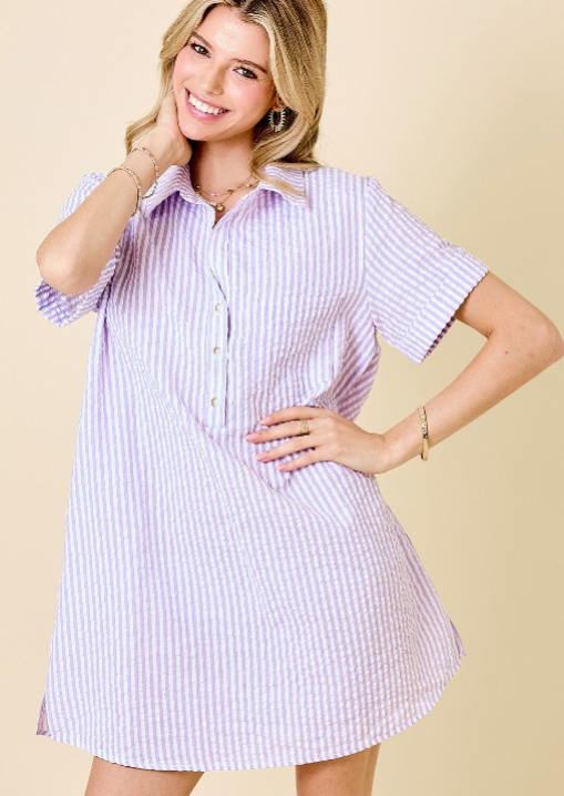 Lavender Stripped Shirt Dress With Pockets
