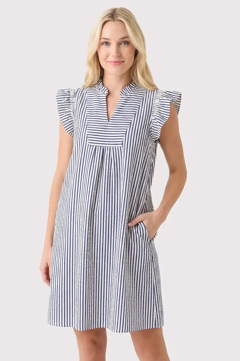 Navy Striped Frilled Neck Mini Dress