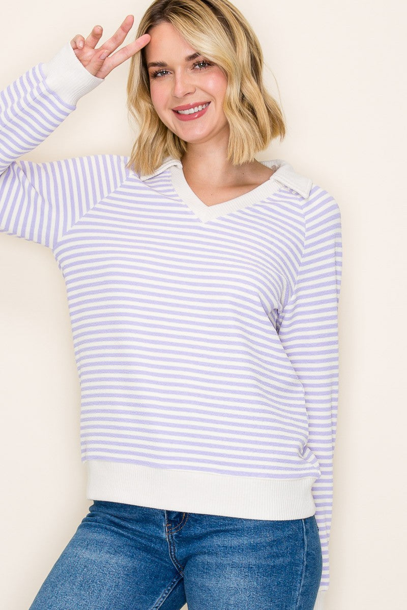 Striped Lavender V-Neck Sweater
