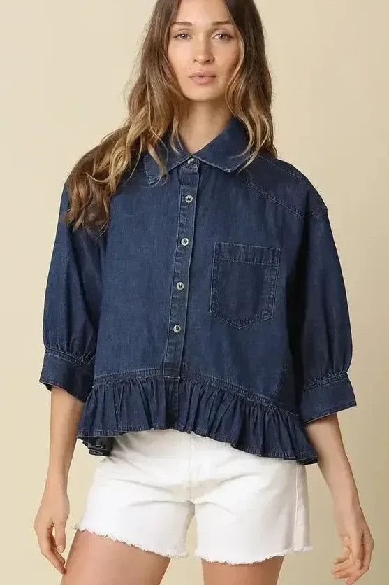Denim Hem Ruffle Sleeve Shirt