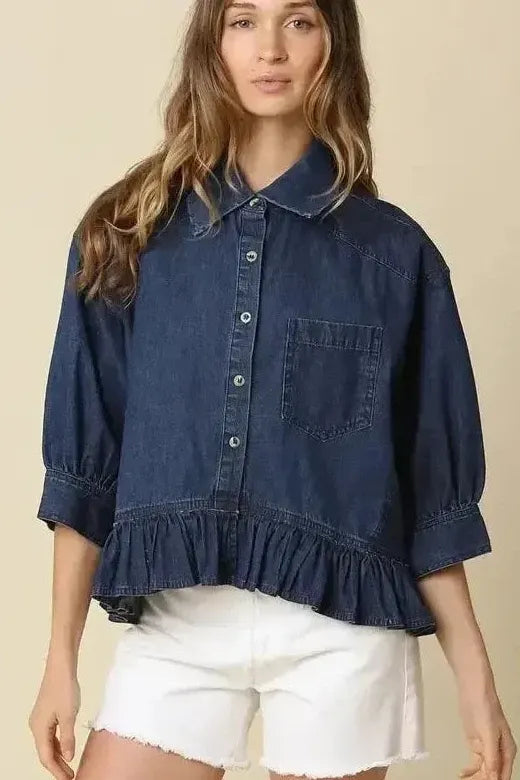 Denim Hem Ruffle Sleeve Shirt