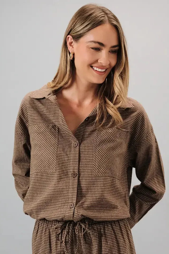 Button Down Plaid Shirt With Drawstring Hem