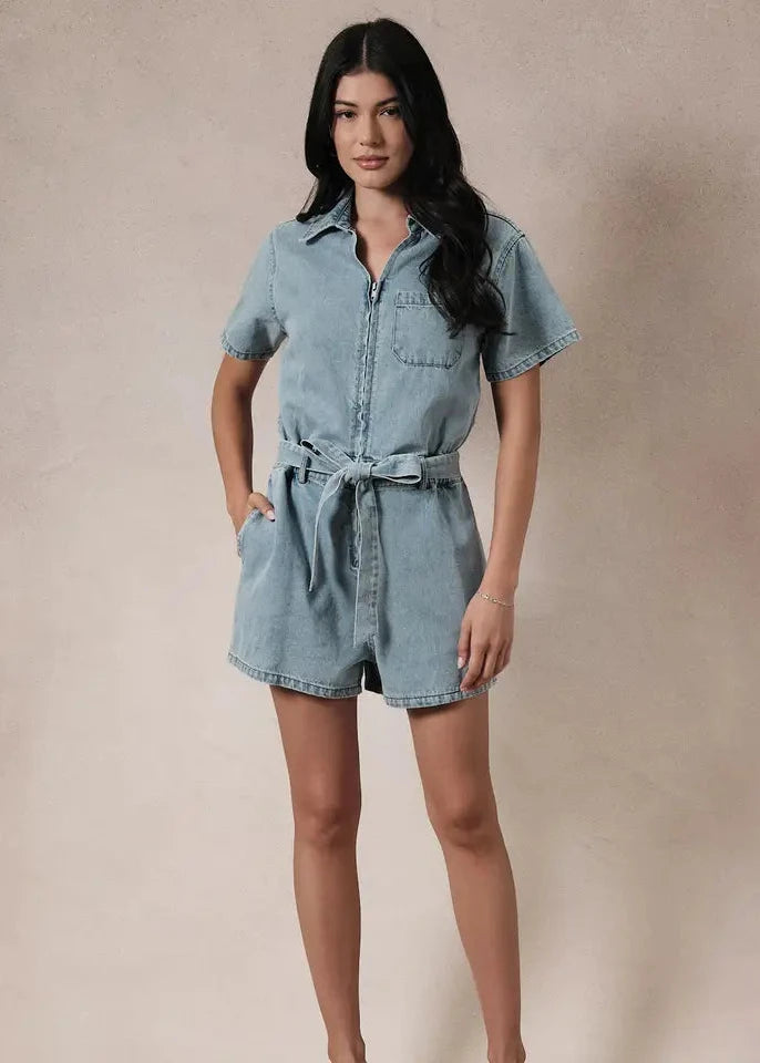 Front Zip Denim Romper With Waist Belt