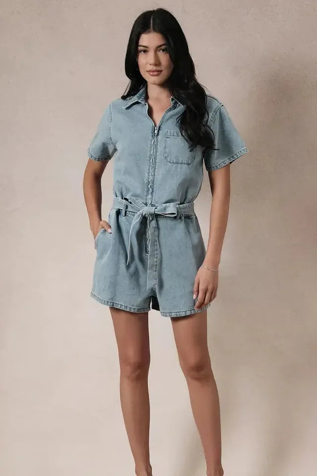 Front Zip Denim Romper With Waist Belt