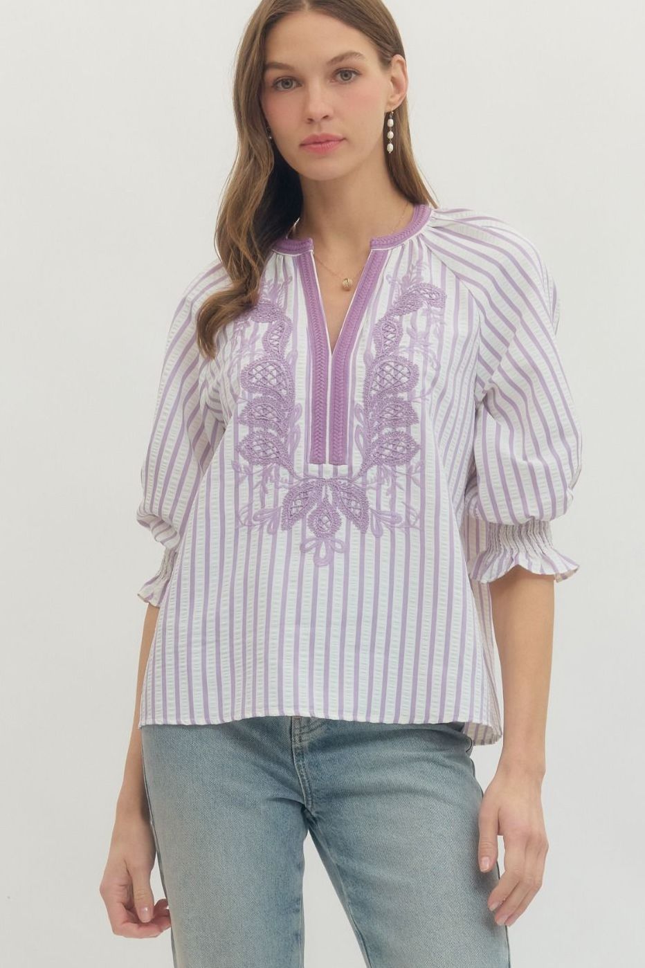 Lavender 3/4 Sleeve Embroidered Collared Top