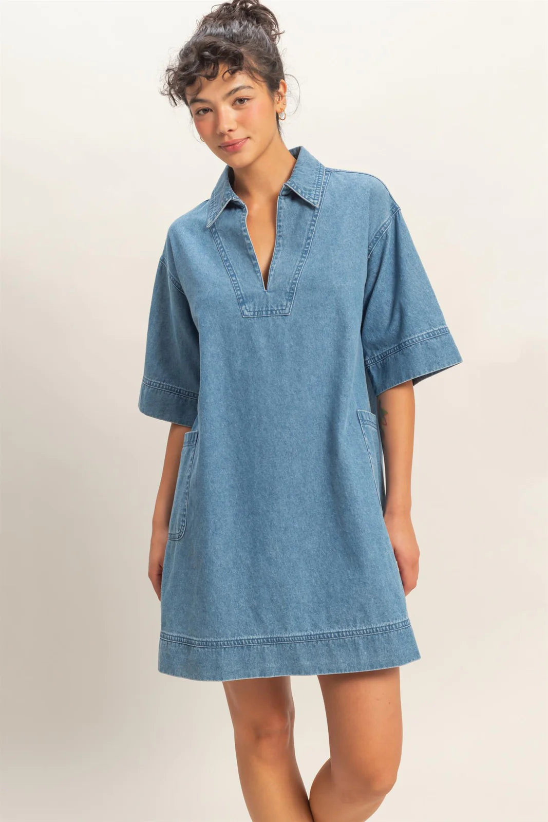 Medium Wash Denim Collared Mini Dress
