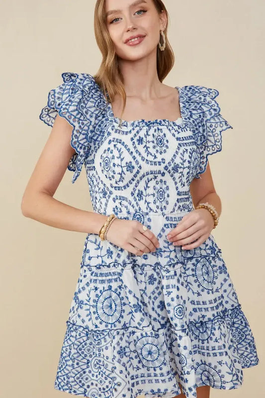 Blue Floral Mini Scallop Dress