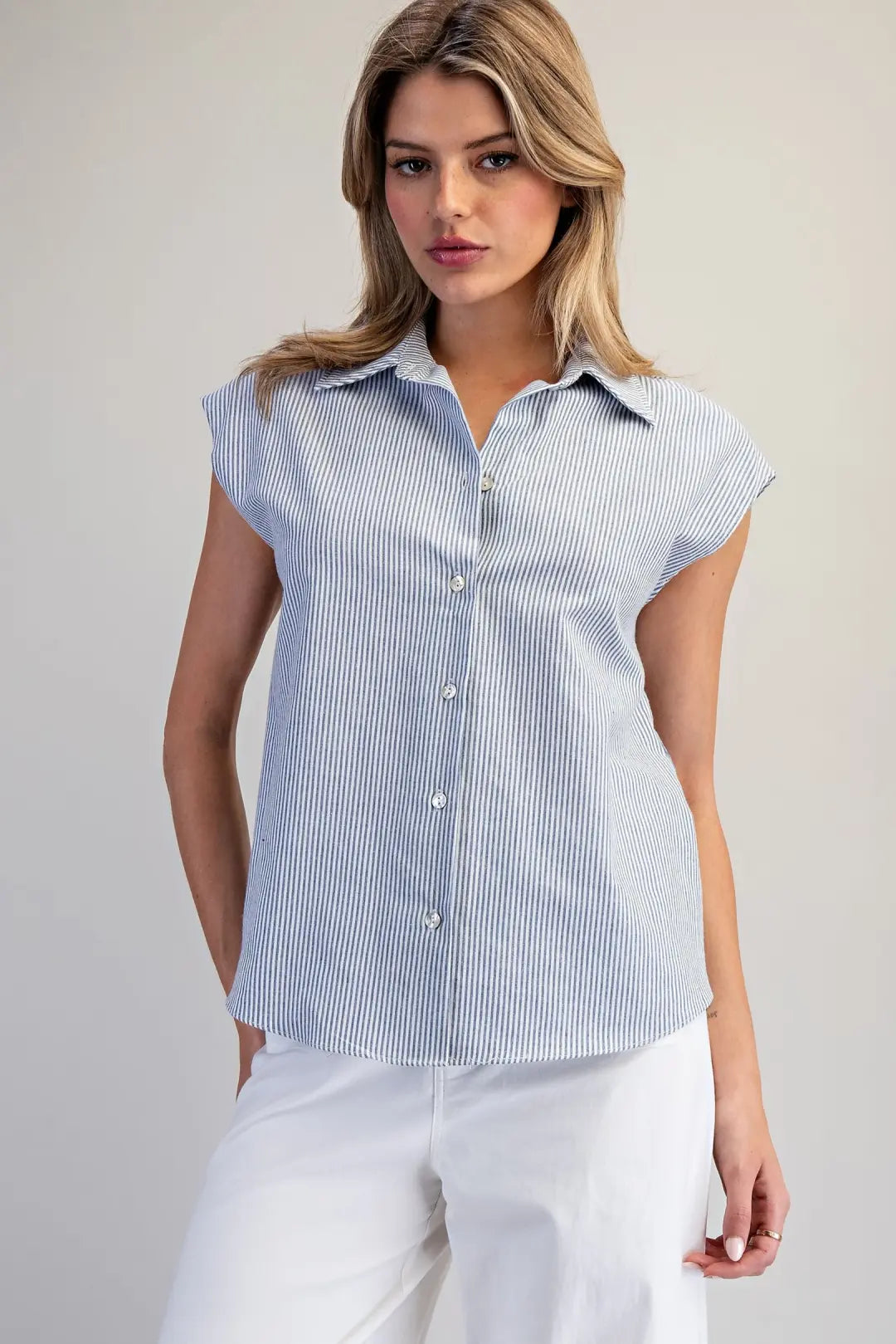 Cinched Denim Striped Collared Top