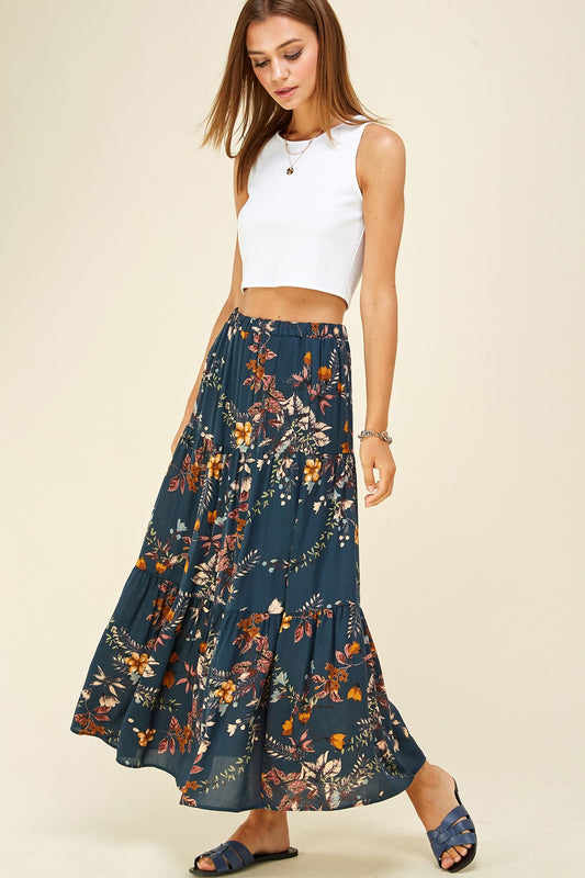 Layered Floral Teal Midi Skirt