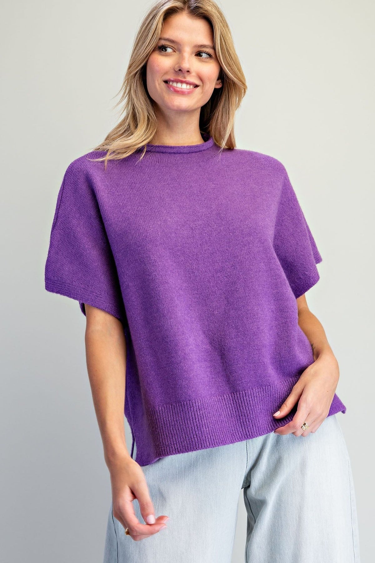Short Sleeve Side Slit Sweater