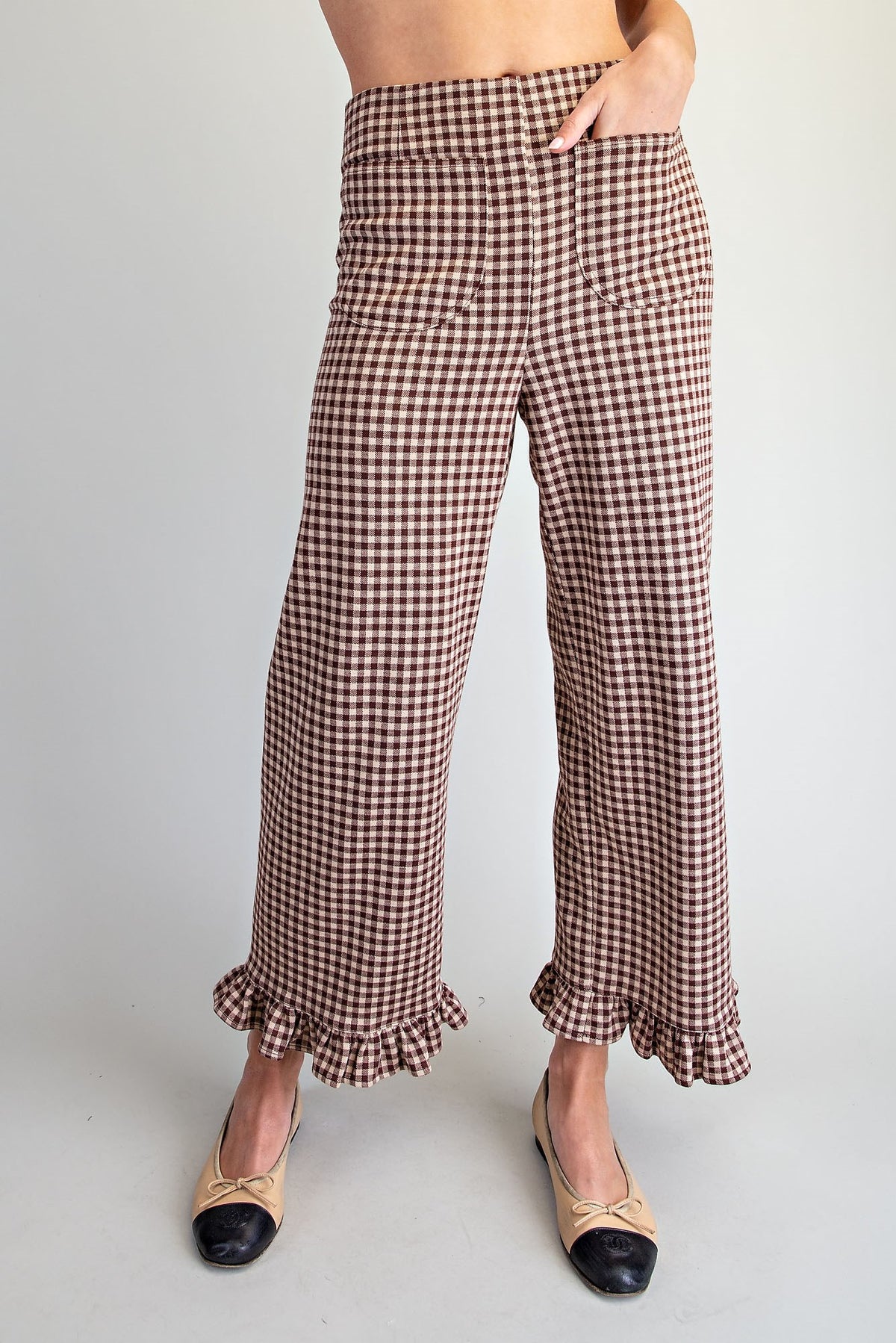 Gingham Ruffle Hem Pants - Mocha
