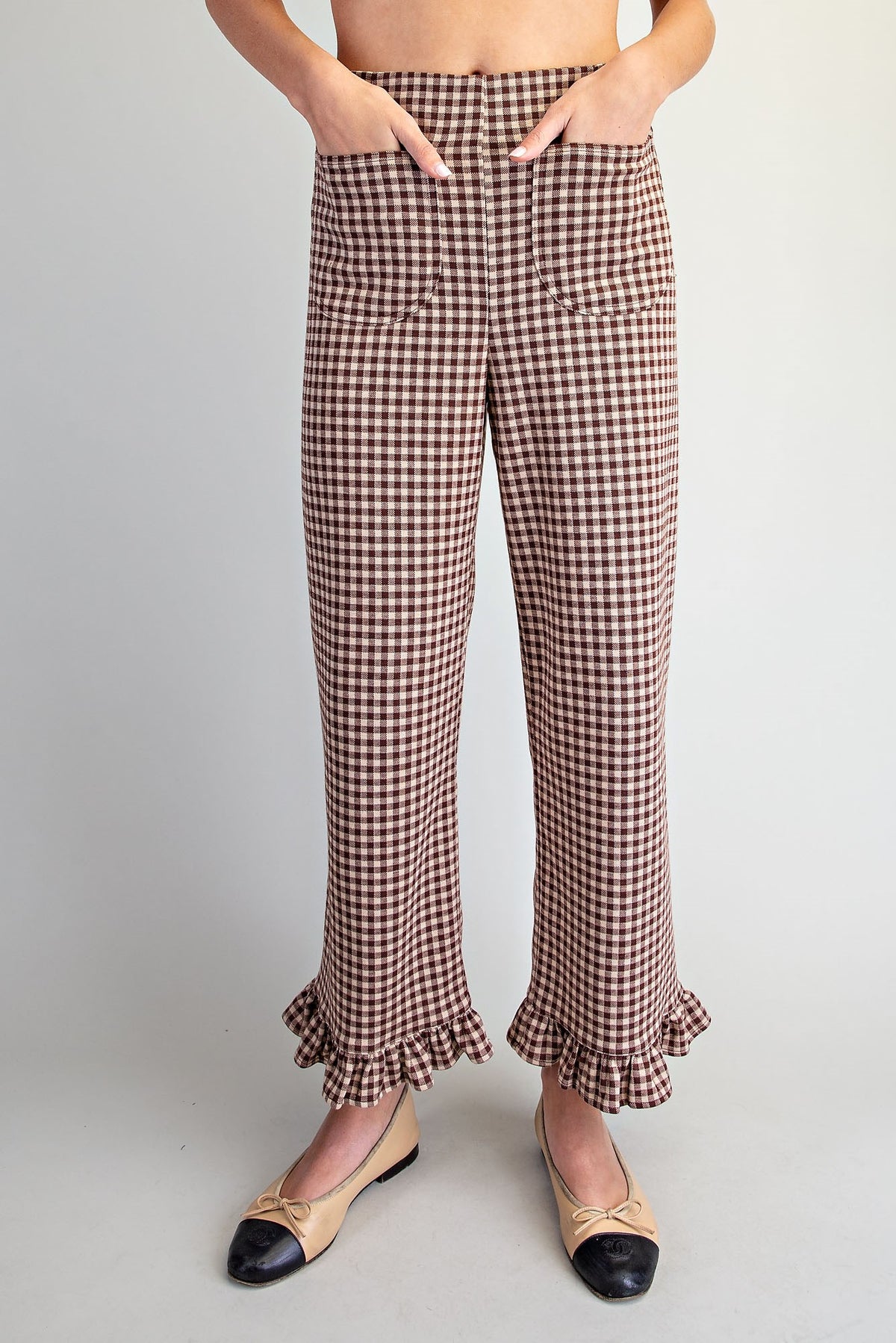 Gingham Ruffle Hem Pants - Mocha
