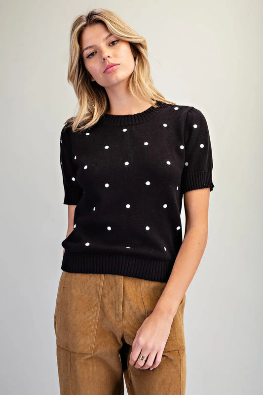 Black Polka Dot Short Sleeve Sweater