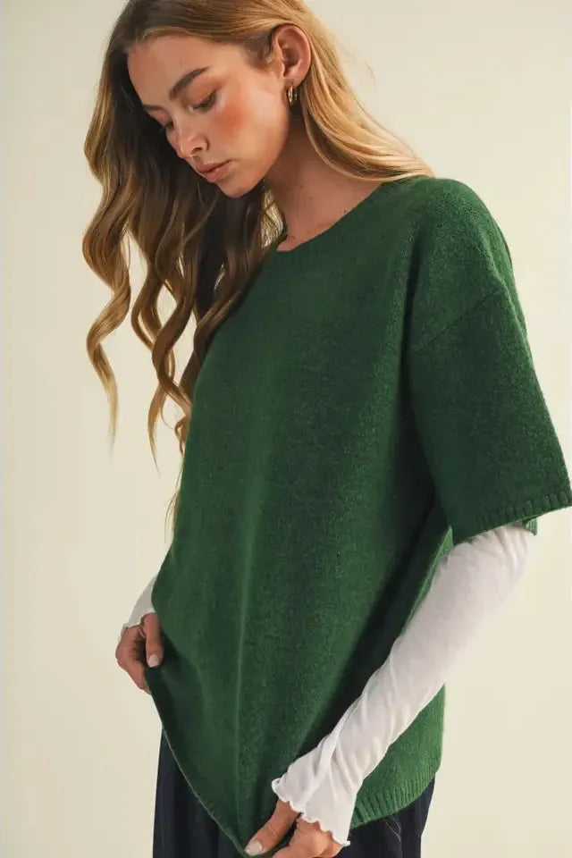 Green Boxy Drop Shoulder Sweater Top