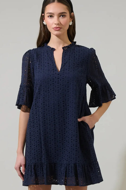 Navy Eyelet Mini Dress