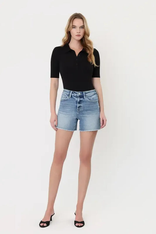 LV1834 - High Rise Raw Hem Midi Shorts