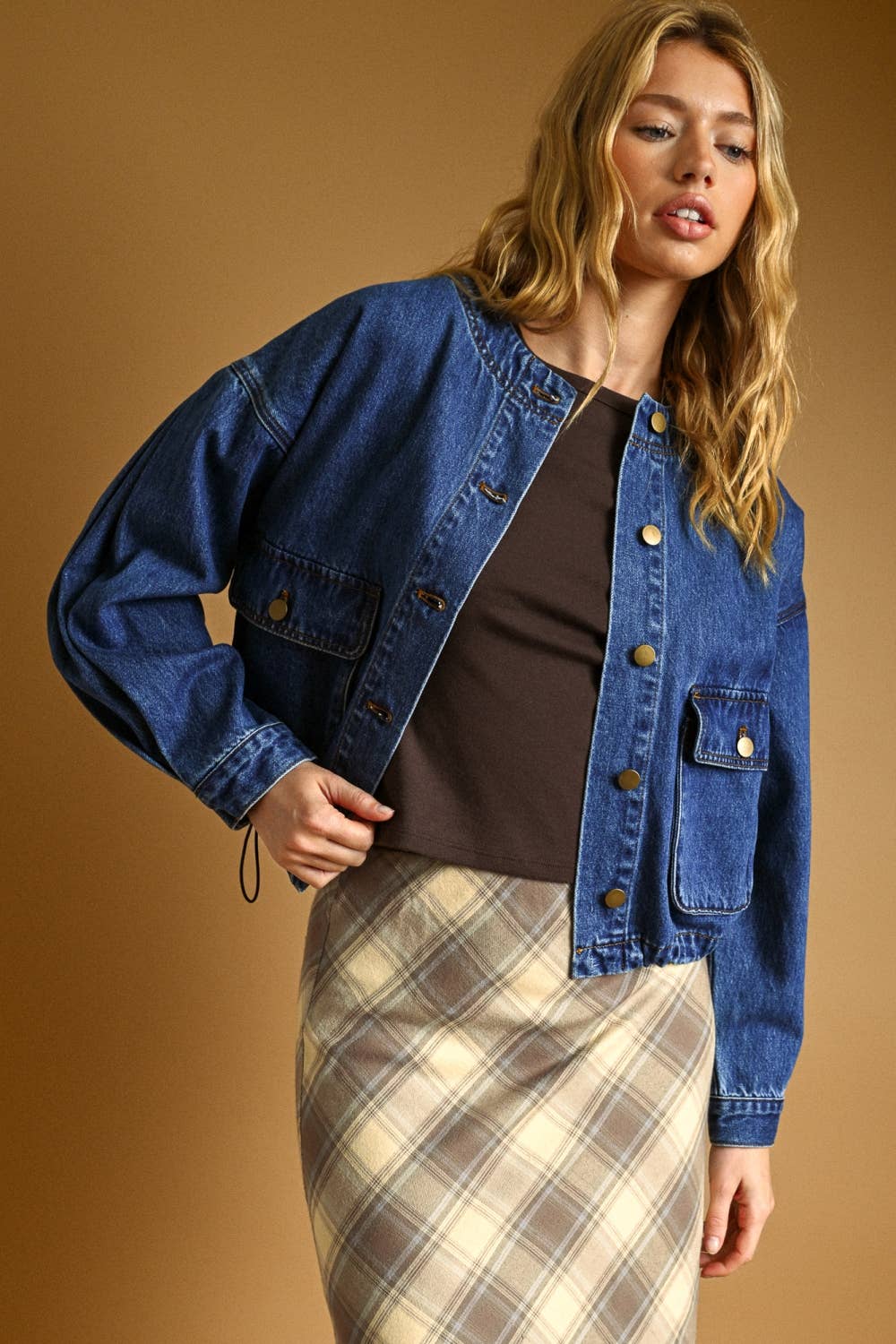 Round Neck With Pocket Front Denim Jacket in Denim by Miou Muse