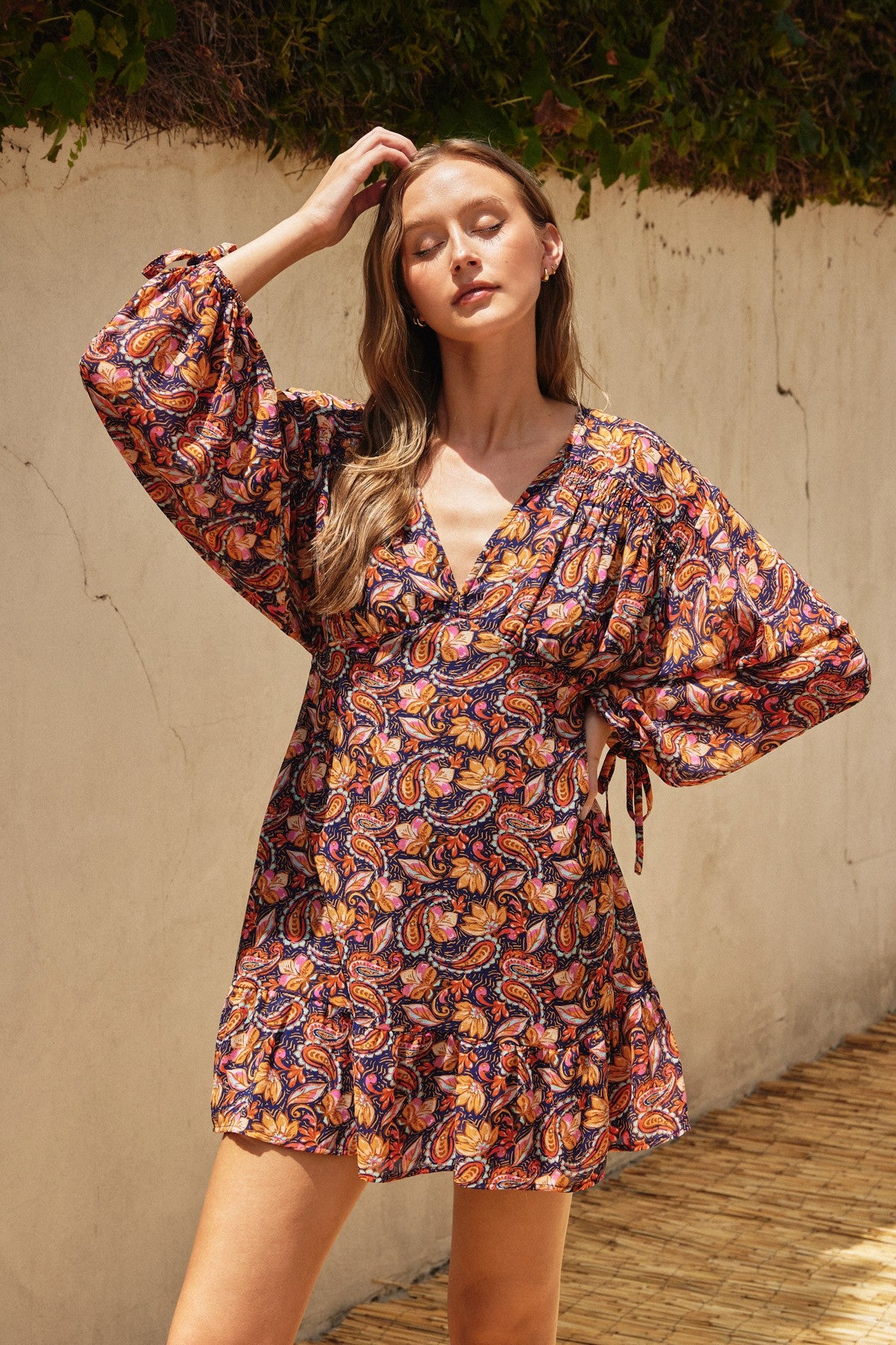 Shirred Floral Feminine Dress