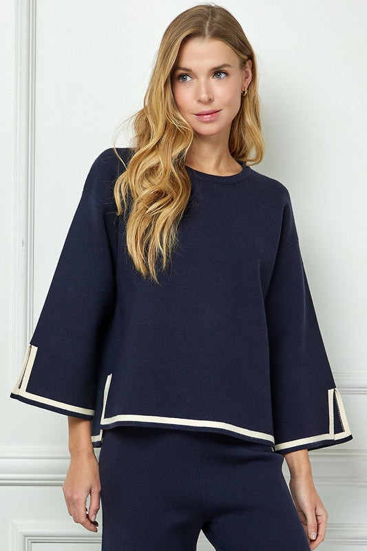 Navy 3/4 Sweater Detailing Top