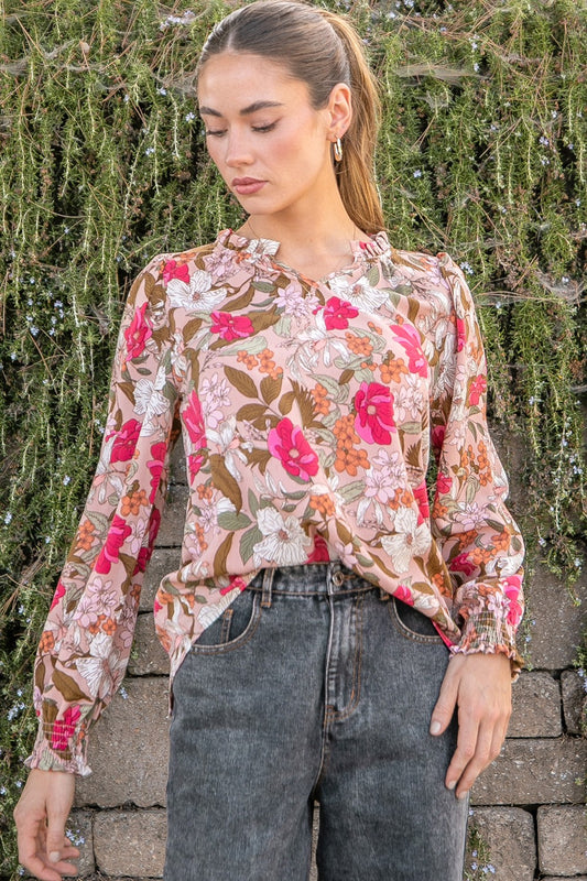Floral V-Neck With Smocked Long Sleeves