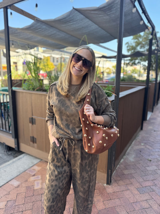 Taupe and Leopard Long Sleeve Crewneck