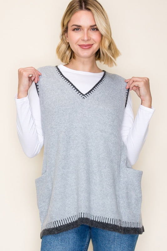 Heather Grey Blanket Stitched Sweater Vest