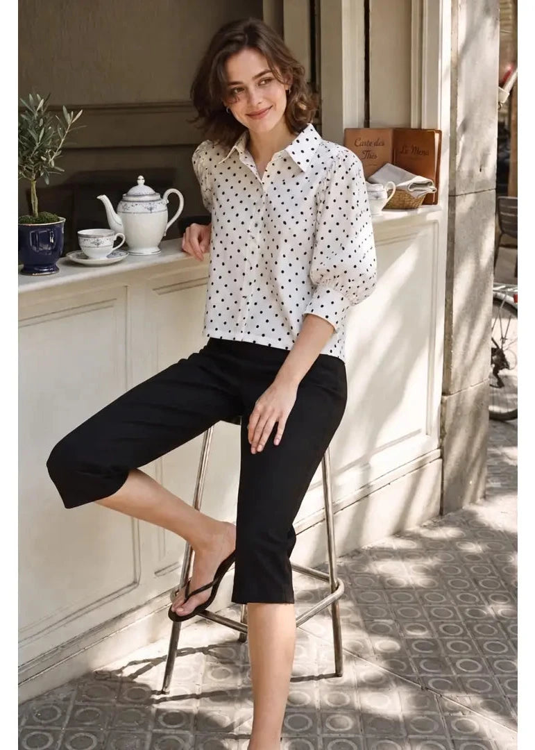 Polka Dot Linen Puff Sleeve Blouse