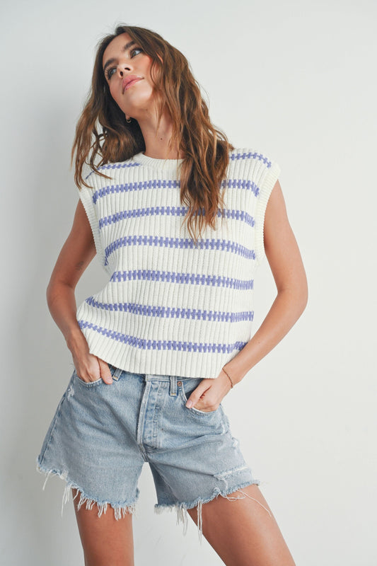 Crew Neck Striped Knit Sweater Tank Top