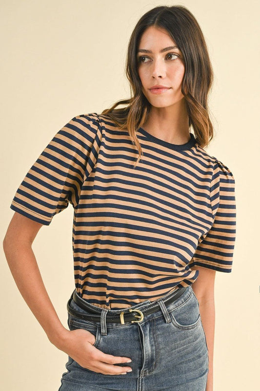 Brown & Navy Puff Sleeve Striped Top