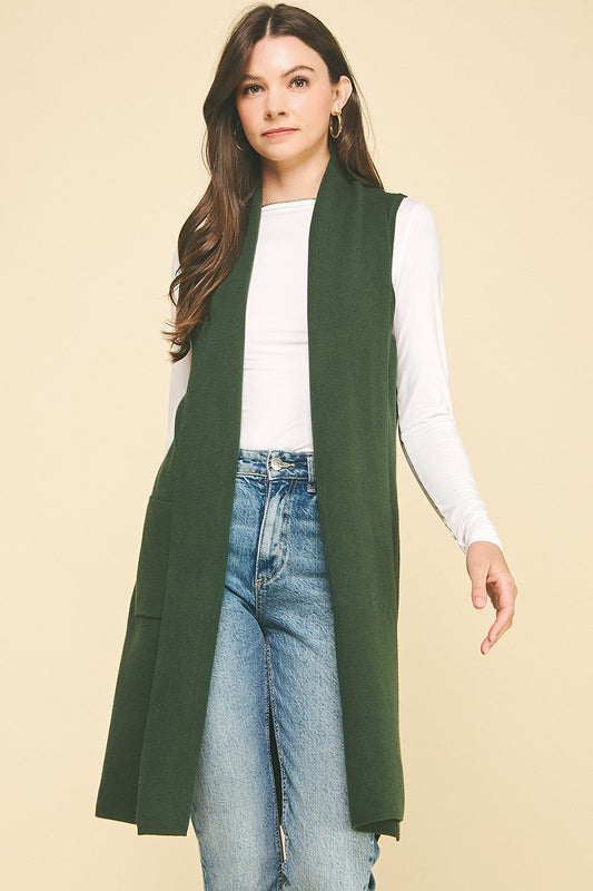 Sleeveless Green Open Knitted Cardigan