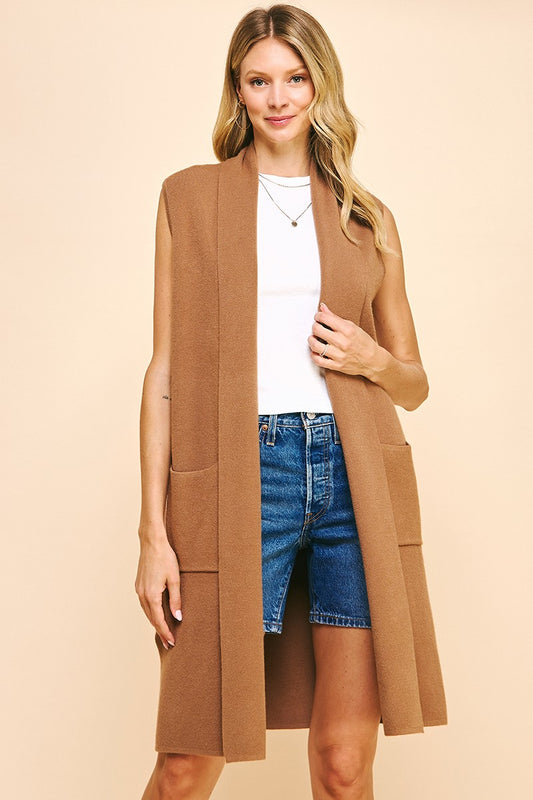 Sleeveless Open Knit Cardigan – Shawl Collar