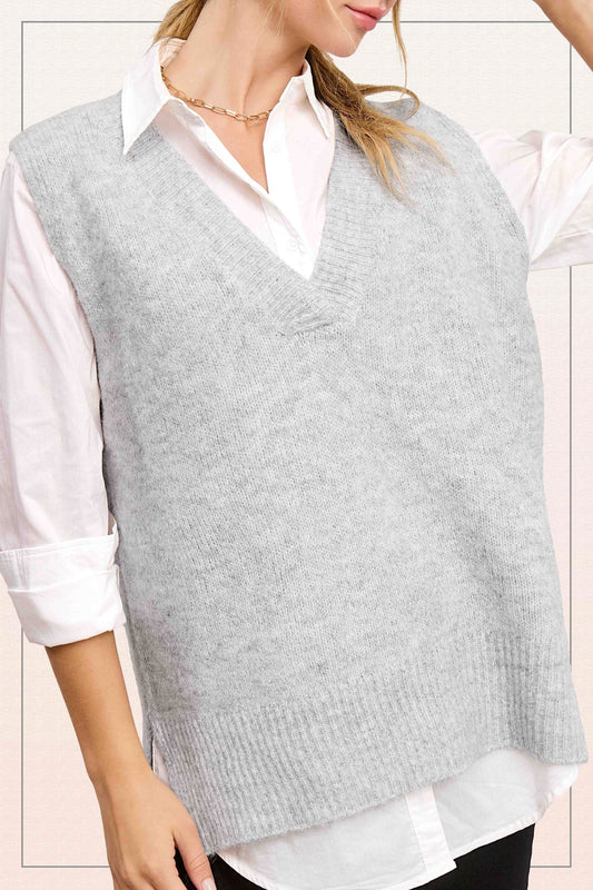 Soft Sweater Vest With Side Slit Grey