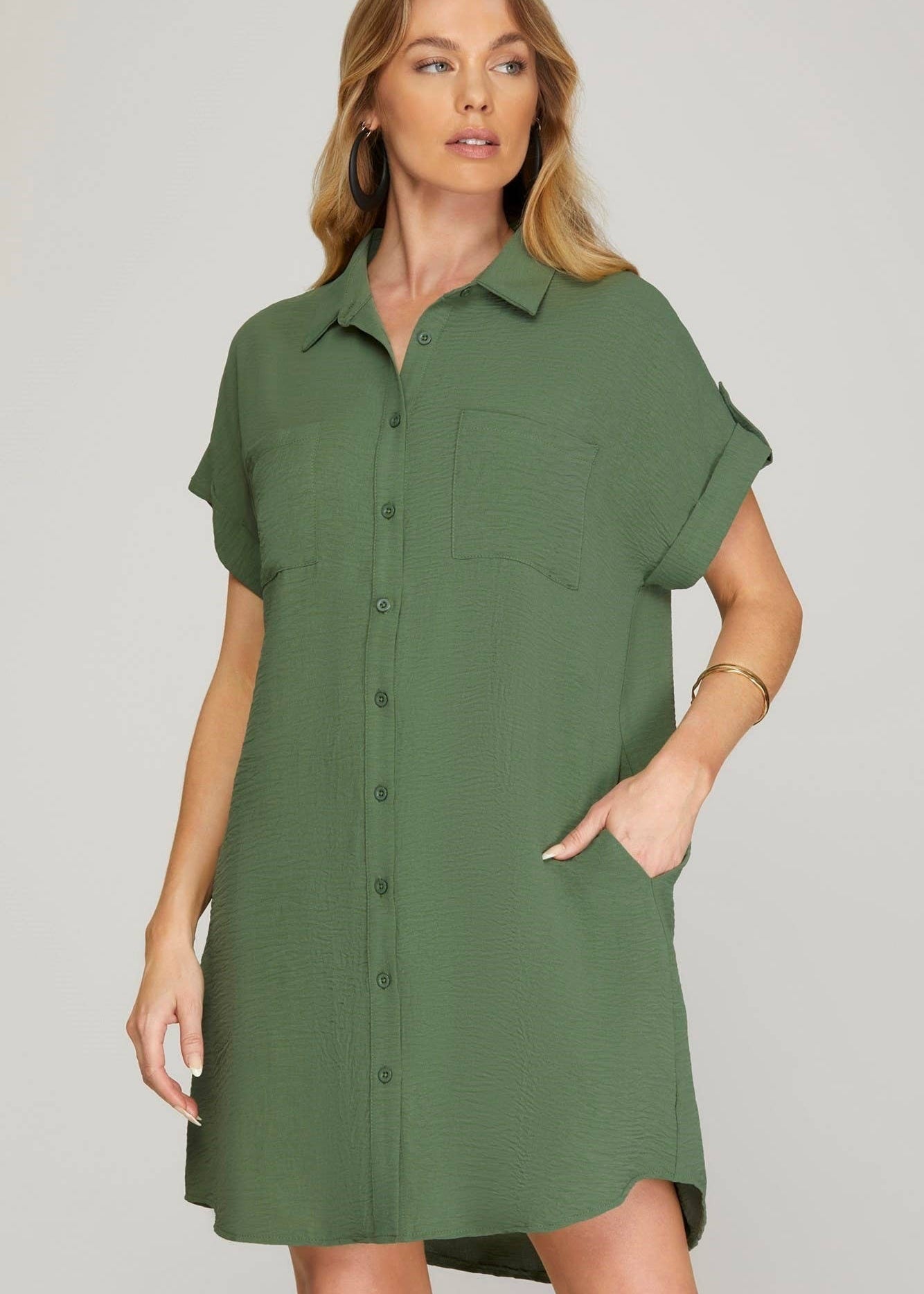 Woven Olive Button Down Dress
