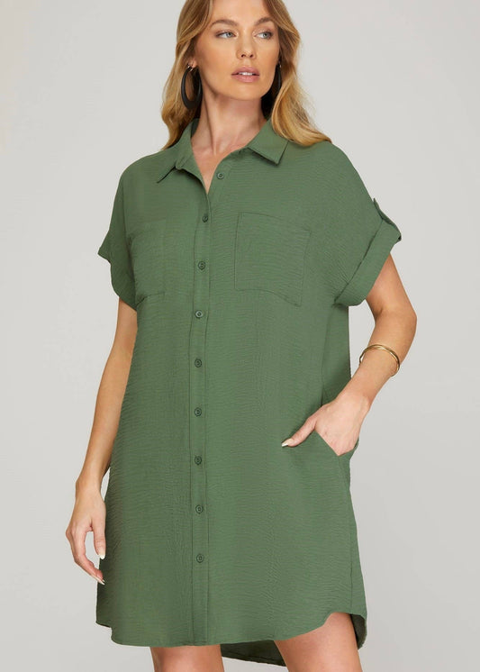 Woven Olive Button Down Dress