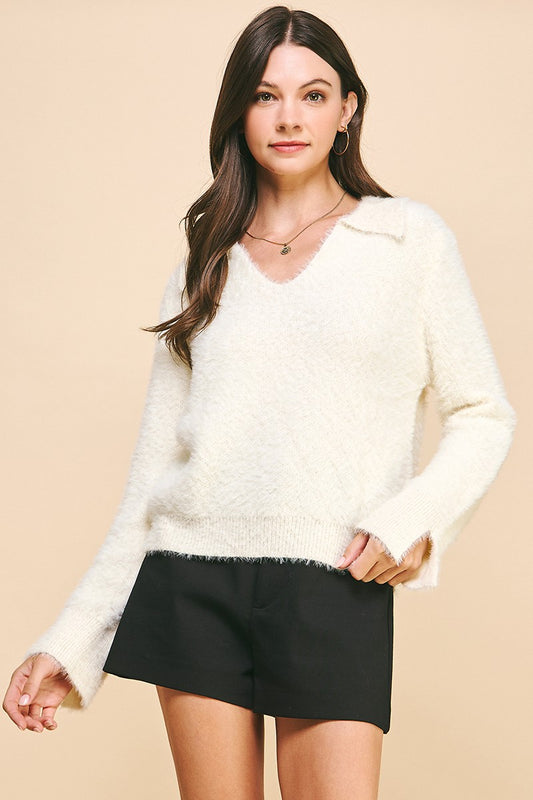 Soft Ivory Yarn Collared Sweater