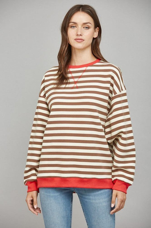 Brown & Red Striped Oversized Crew