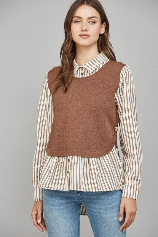 Layered Look Knitted Vest Twofer Shirt