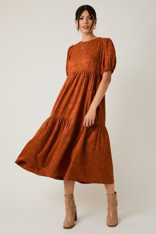Round Neck Puff Sleeve Tiered Midi Dress
