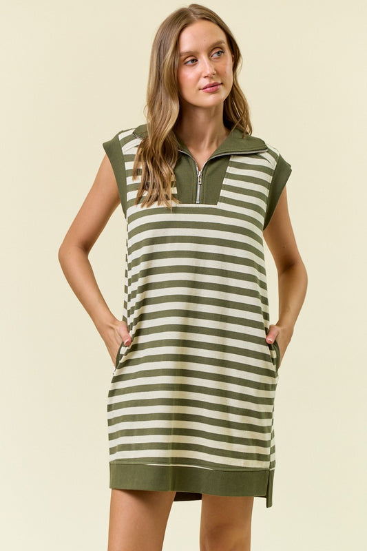 Stripe Half Zip Olive Dress